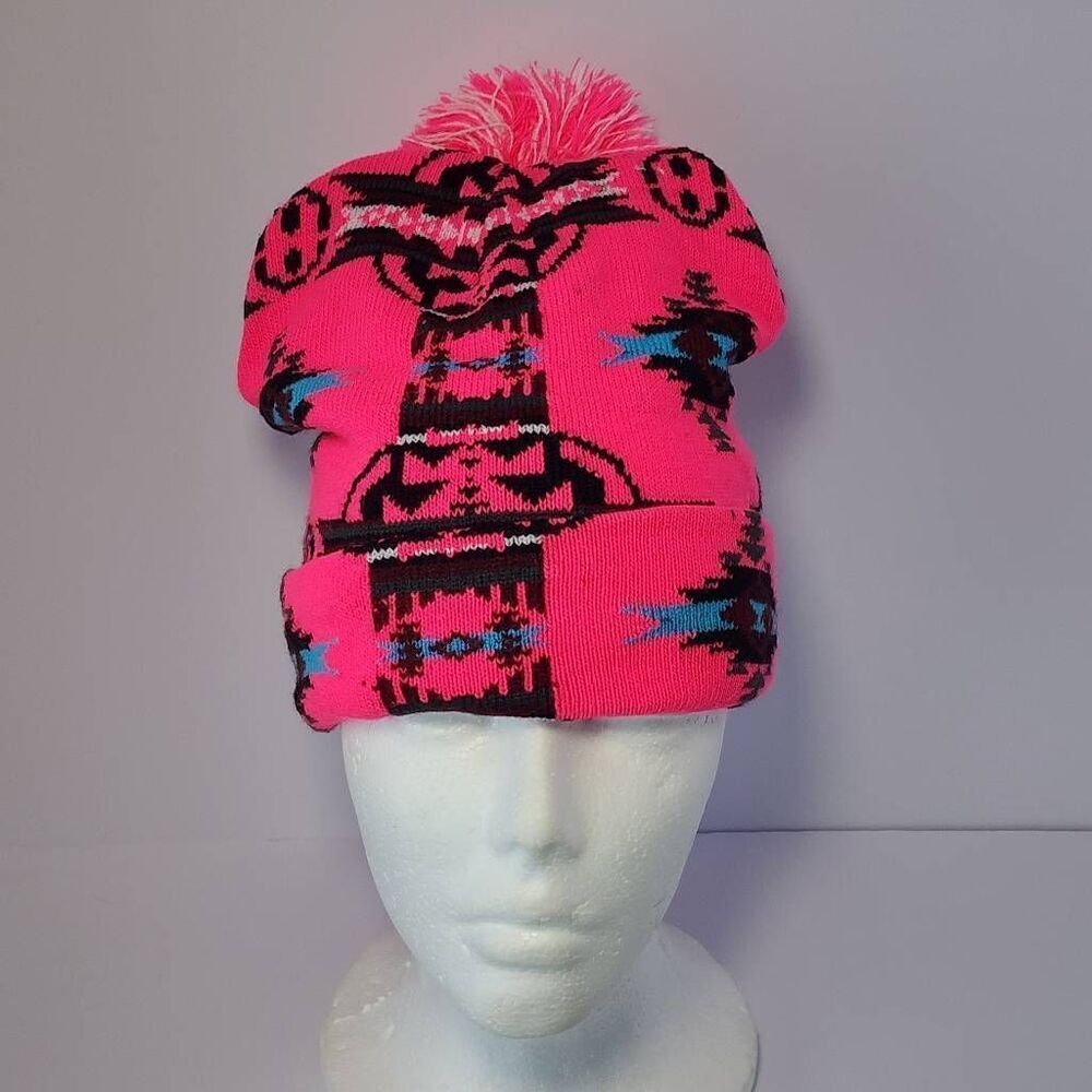 Pink tribal design pom beanie